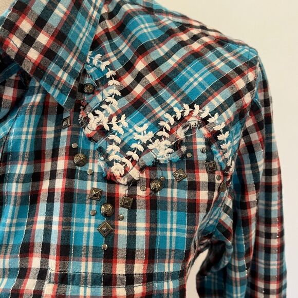 Panhandle Slim Blue Turquoise Plaid Medium Pearl Snap Western Shirt Embroidered - Picture 4 of 9